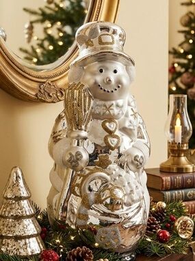 Large 17” Traditions Handpainted Blown Glass Snowman - Silver & Gold with box